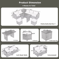 6-Piece Outdoor Sectional Furniture Set with Storage Box and Adjustable Seat, All Weather Rattan Sofa Set with Removable Covers and Tempered Glass Top Table for Garden Patio