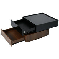 Modern Rotating Coffee Table with 2 Drawers, High Gloss 2-Tier Center Table with Swivel Tabletop, Square Rotating Coffee Table with Walnut Frame for Living Room