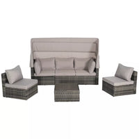 5-Piece Gray Wicker Outdoor Day Bed with Cushions, Retractable Canopy, Storable Side Table,outdoors dining