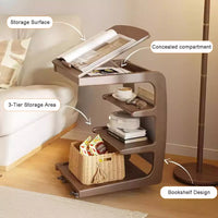 C-Shaped Side Table for Couch with Storage Bag, 4-Tier Small Side Table, Wooden Sofa Table for Living Room and Bedroom, Rustic Brown