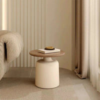 50+70cm Cream & Wood Round Coffee Table – Modern Pedestal Cocktail Table with Carbon Steel Base, Nordic Minimalist Center Table for Living Room