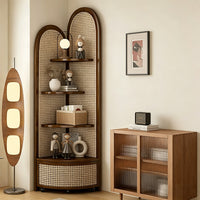 Solid Wood Rattan Corner Cabinet, 4-Tier Triangle Corner Shelf, Freestanding Rattan Bookshelf Storage Display Rack for Living Room Bedroom Office