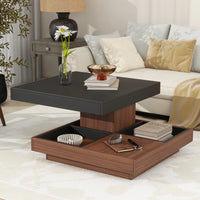 Modern 2-Tier Square Coffee Table with 360° Rotating Top, Wood Accent Cocktail Table with Detachable Tray