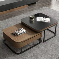 Nordic-Inspired Adjustable Square Coffee Table | Compact Size Coffee Table with Fire-Burnt Stone Glass Top & Dual Pull-Out Storage Drawers | Modern Minimalist Design for Small Spaces | Durable A3 Carbon Steel Frame