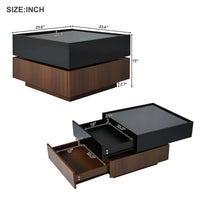 Modern Rotating Coffee Table with 2 Drawers, High Gloss 2-Tier Center Table with Swivel Tabletop, Square Rotating Coffee Table with Walnut Frame for Living Room