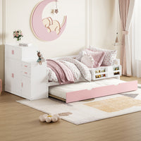 Twin Size Wood Platform Bed with Sample Bookshelf and Movable Wardrobe, Multifunctional Bed with Built-in Trundle Bed, Pink