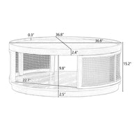 36.8'' Round Coffee Table, Modern Wooden Center Tables with PE Rattan Side, Mid-Century Retro Farmhouse Style Circle 2-Tier for Living Room,Bedroom