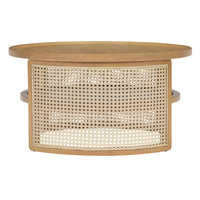 Round Rattan Coffee Table with Storage, Modern 2-Tier Wood Coffee Table with Storage Rattan Base, 31.3" Center Table for Apartment, Living Room, Home Office