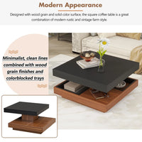 Modern 2-Tier Square Coffee Table with 360° Rotating Top, Wood Accent Cocktail Table with Detachable Tray