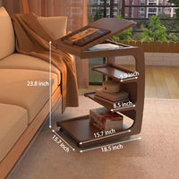 C-Shaped Side Table for Couch with Storage Bag, 4-Tier Small Side Table, Wooden Sofa Table for Living Room and Bedroom, Rustic Brown
