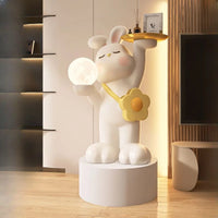 White Resin Rabbit Moon Floor Lamp Sculpture Ornament Decor Living Room Bedroom