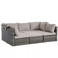 5-Piece Gray Wicker Outdoor Day Bed with Cushions, Retractable Canopy, Storable Side Table,outdoors dining