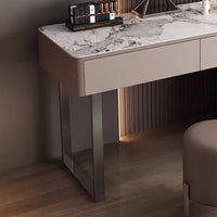 Premium Makeup Vanity Table with Sturdy Rock Board Top, Modular Storage Design, Movable Storage Cabinet & Stainless Steel Legs - Elegant Dressing Table with Microfiber Leather - Durable & Stylish Makeup Station for Organized Cosmetics and Accessories