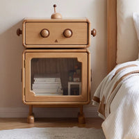 1 Shelf Timber Kids Nightstand with Built-in Outlet, Robot Night Side Table Lights, Cabinets, Cupboard, Compartment, Wood Color