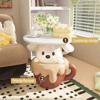 Sculpture Tray Table Floor Standing Cute Teacup Dog Statue Tray, Resin Bedside Table for Girls Bedroom, Creative Storage Tray, Birthday Present, , White+brown