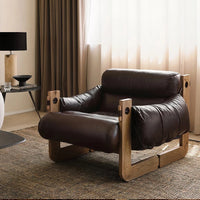 Single Leather Sofa Leisure Chair Solid Wood Design Home Balcony Recliner