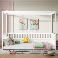 Full Size Canopy Bed Frame with Guardrails for Kids,Floor Bed Full with Four Poster Design,Kids Montessori Floor Bed,Wood Canopy Bed Frame for Girls,Boys(Full,White),Mattress not included
