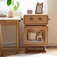 1 Shelf Timber Kids Nightstand with Built-in Outlet, Robot Night Side Table Lights, Cabinets, Cupboard, Compartment, Wood Color