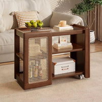 Multi-Functional Solid Wood Coffee Table - Premium Imported Rubberwood with Large Storage Space & Artistic PE Rattan Weave - Stylish, Versatile Side Table with Noise-Free Swivel Wheels for Easy Mobility & Organization