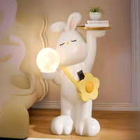 White Resin Rabbit Moon Floor Lamp Sculpture Ornament Decor Living Room Bedroom