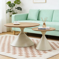 50+70cm Round Coffee Table Set of 2, Modern Cream Style Coffee Tables, Solid Wood Accent Tables for Living Room, Easy Assembly
