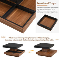 Modern 2-Tier Square Coffee Table with 360° Rotating Top, Wood Accent Cocktail Table with Detachable Tray