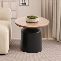 50+70cm Cream & Wood Round Coffee Table – Modern Pedestal Cocktail Table with Carbon Steel Base, Nordic Minimalist Center Table for Living Room