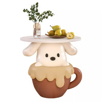 Sculpture Tray Table Floor Standing Cute Teacup Dog Statue Tray, Resin Bedside Table for Girls Bedroom, Creative Storage Tray, Birthday Present, , White+brown