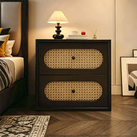 Mid-Century Modern Solid Wood Nightstand (with Natural Rattan Drawers)