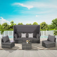 5-Piece Gray Wicker Outdoor Day Bed with Cushions, Retractable Canopy, Storable Side Table,outdoors dining