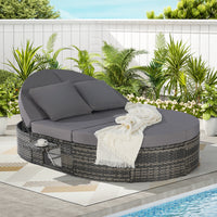 Outdoor Patio Round Daybed, Sun Bed with Adjustable Backrests and Foldable Cup Trays, Reclining Outdoor Lounger Wicker Rattan Patio Daybed with Cushions and Pillows for Backyard Poolside