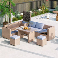 6-Piece Outdoor Sectional Furniture Set with Storage Box and Adjustable Seat, All Weather Rattan Sofa Set with Removable Covers and Tempered Glass Top Table for Garden Patio