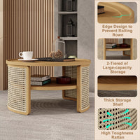 Round Rattan Coffee Table with Storage, Modern 2-Tier Wood Coffee Table with Storage Rattan Base, 31.3" Center Table for Apartment, Living Room, Home Office