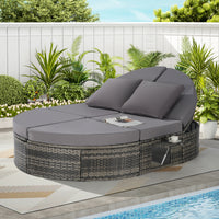 Outdoor Patio Round Daybed, Sun Bed with Adjustable Backrests and Foldable Cup Trays, Reclining Outdoor Lounger Wicker Rattan Patio Daybed with Cushions and Pillows for Backyard Poolside