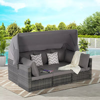 5-Piece Gray Wicker Outdoor Day Bed with Cushions, Retractable Canopy, Storable Side Table,outdoors dining