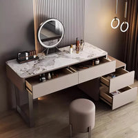 Premium Makeup Vanity Table with Sturdy Rock Board Top, Modular Storage Design, Movable Storage Cabinet & Stainless Steel Legs - Elegant Dressing Table with Microfiber Leather - Durable & Stylish Makeup Station for Organized Cosmetics and Accessories