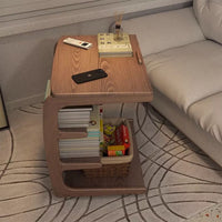 C-Shaped Side Table for Couch with Storage Bag, 4-Tier Small Side Table, Wooden Sofa Table for Living Room and Bedroom, Rustic Brown