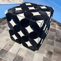 16" Cowhide Leather Cube Pouf Handmade Sofa Stool
