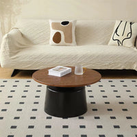 50+70cm Cream & Wood Round Coffee Table – Modern Pedestal Cocktail Table with Carbon Steel Base, Nordic Minimalist Center Table for Living Room