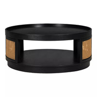 36.8'' Round Coffee Table, Modern Wooden Center Tables with PE Rattan Side, Mid-Century Retro Farmhouse Style Circle 2-Tier for Living Room,Bedroom