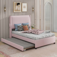 Pink Twin Size Upholstered Bed Frame With Trundle Bed, Teddy Fabric, Usb Functionality, And A Pocket Design On The Side Of The Headboard For Storing Small Items