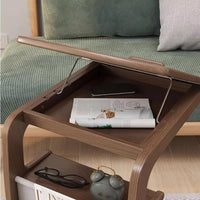 C-Shaped Side Table for Couch with Storage Bag, 4-Tier Small Side Table, Wooden Sofa Table for Living Room and Bedroom, Rustic Brown