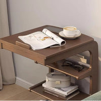 C-Shaped Side Table for Couch with Storage Bag, 4-Tier Small Side Table, Wooden Sofa Table for Living Room and Bedroom, Rustic Brown