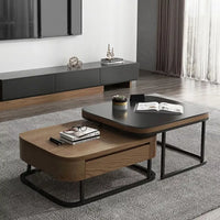 Nordic-Inspired Adjustable Square Coffee Table | Compact Size Coffee Table with Fire-Burnt Stone Glass Top & Dual Pull-Out Storage Drawers | Modern Minimalist Design for Small Spaces | Durable A3 Carbon Steel Frame