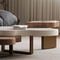 Modern Irregular Shape Coffee Table Set - 3-Piece Walnut Veneer Combination Table with Eco-Friendly Wood & Stainless Steel Supports - Stylish, Durable, and Versatile Living Room Furniture