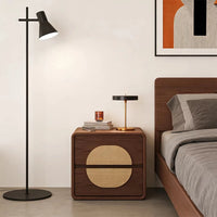 Mid-Century Style Solid Wood & Rattan Nightstand with 2 Drawers
