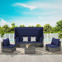 5-Piece Gray Wicker Outdoor Day Bed with Cushions, Retractable Canopy, Storable Side Table,outdoors dining