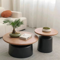 50+70cm Cream & Wood Round Coffee Table – Modern Pedestal Cocktail Table with Carbon Steel Base, Nordic Minimalist Center Table for Living Room