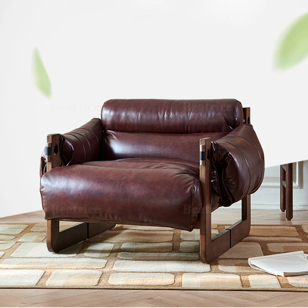 Single Leather Sofa Leisure Chair Solid Wood Design Home Balcony Recliner