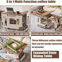 Sofa Side Table, 3 in 1 Multi- Function Coffee Table for Living Room Home, Folding Coffee Table Converts to Dining Table with Hidden Compartment & Storage Shelf, Mobile Modern Center Table